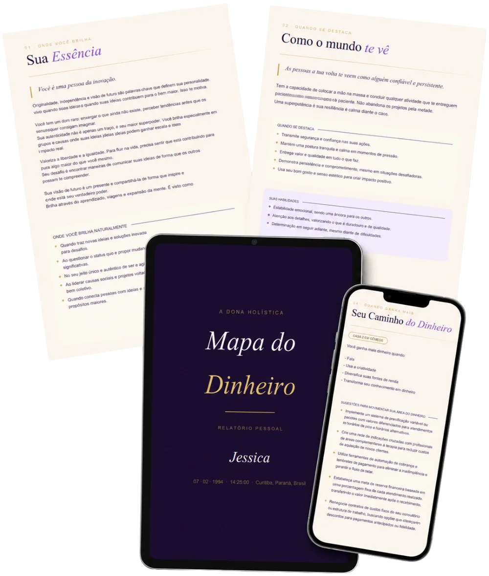 Mockup do Relatório em PDF — páginas, tablet e celular